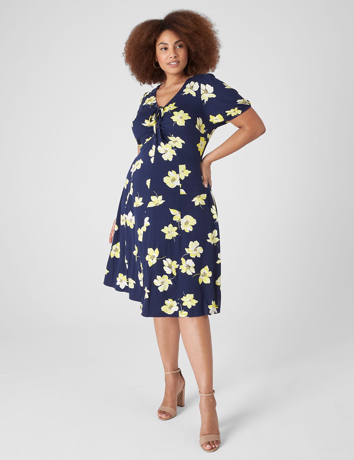 Puff-Sleeve Ruched-Front Fit & Flare Dress