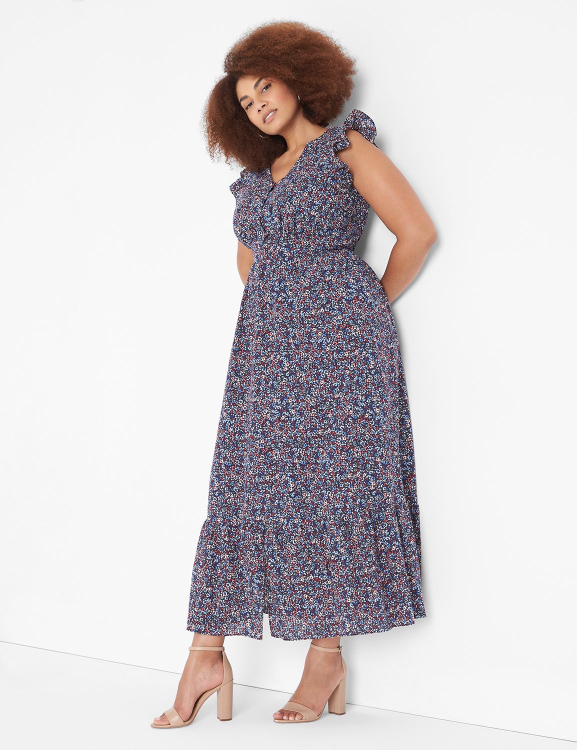 Flutter-sleeve Floral Print Matching Midi Plus Size Dresses