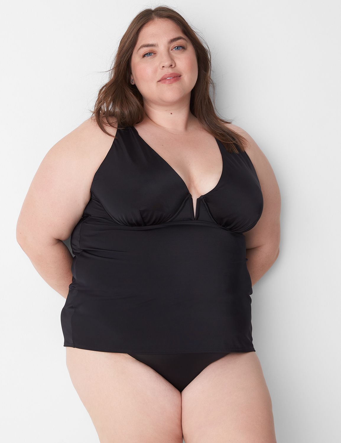 New Cacique LANE BRYANT SWIM BLACK FITTED UNDERWIRE TANKINI TOP SZ 40F