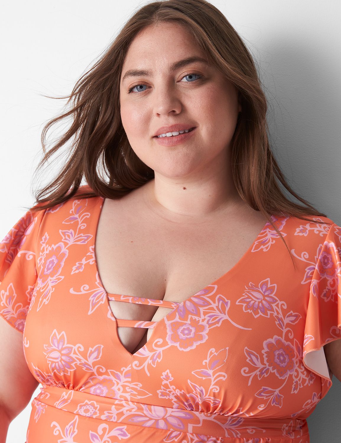 No-Wire Flutter-Sleeve Swim Tankini Top