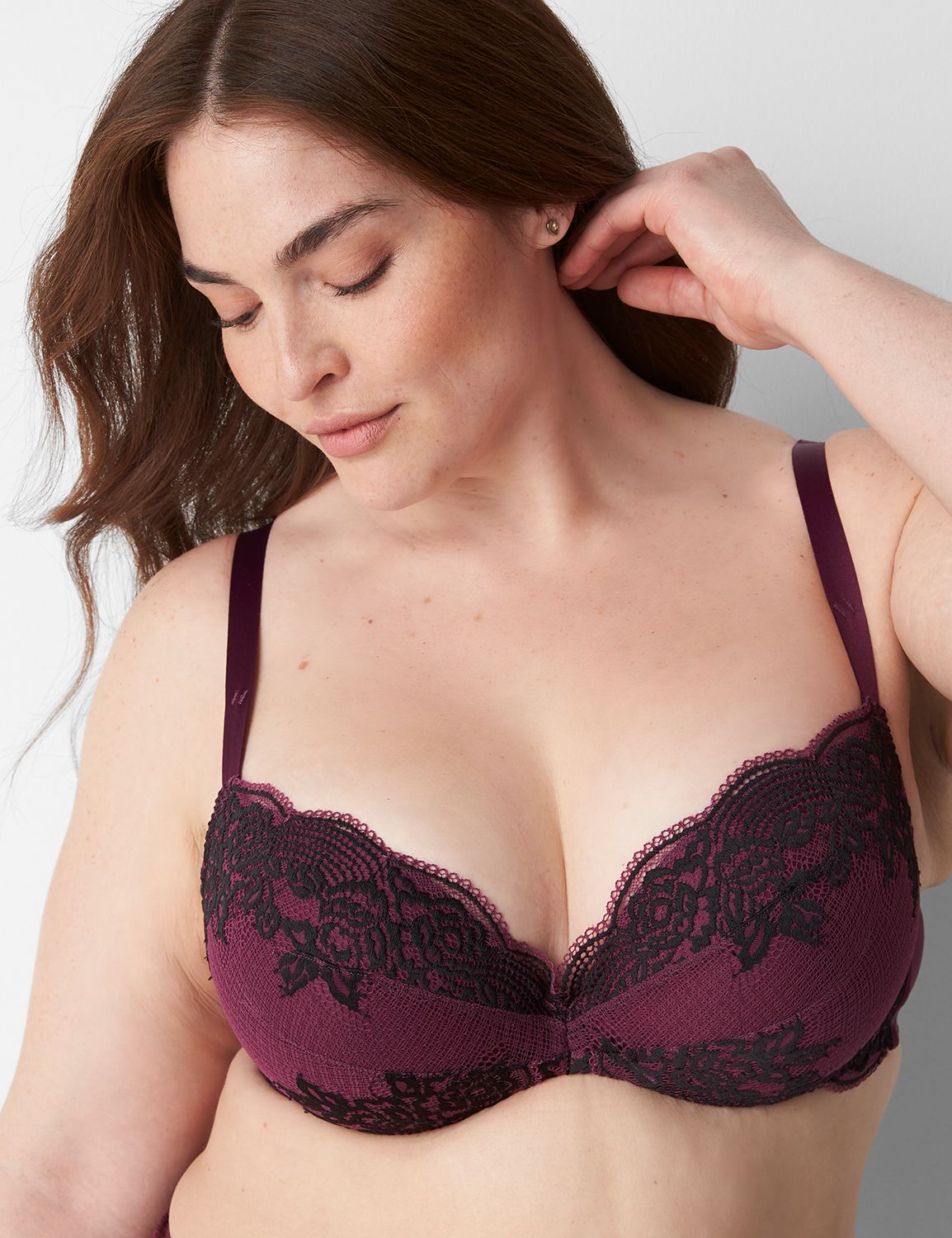 Cacique Maroon Lace Boost Plunge Bra Padded Underwire Size 38DDD