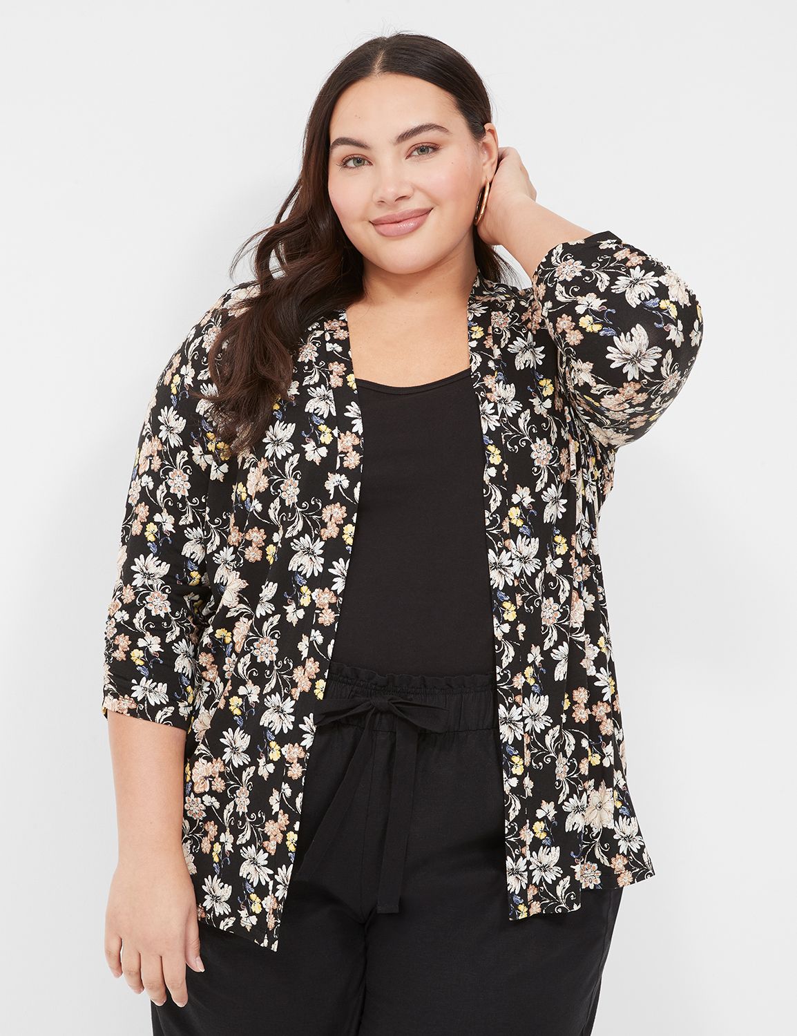 Ruched 3/4-Sleeve Open-Front Overpiece