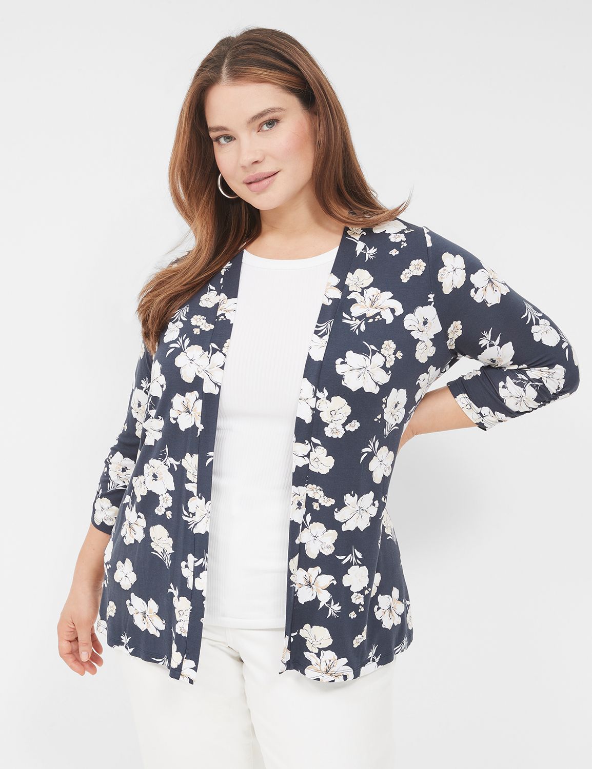 3/4 Sleeve Ruched Sleeve Open Front | LaneBryant