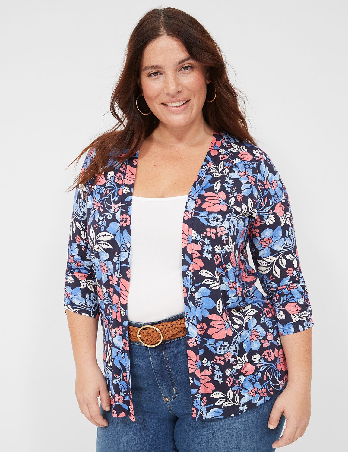 3/4 Sleeve Ruched Sleeve Open Front | LaneBryant