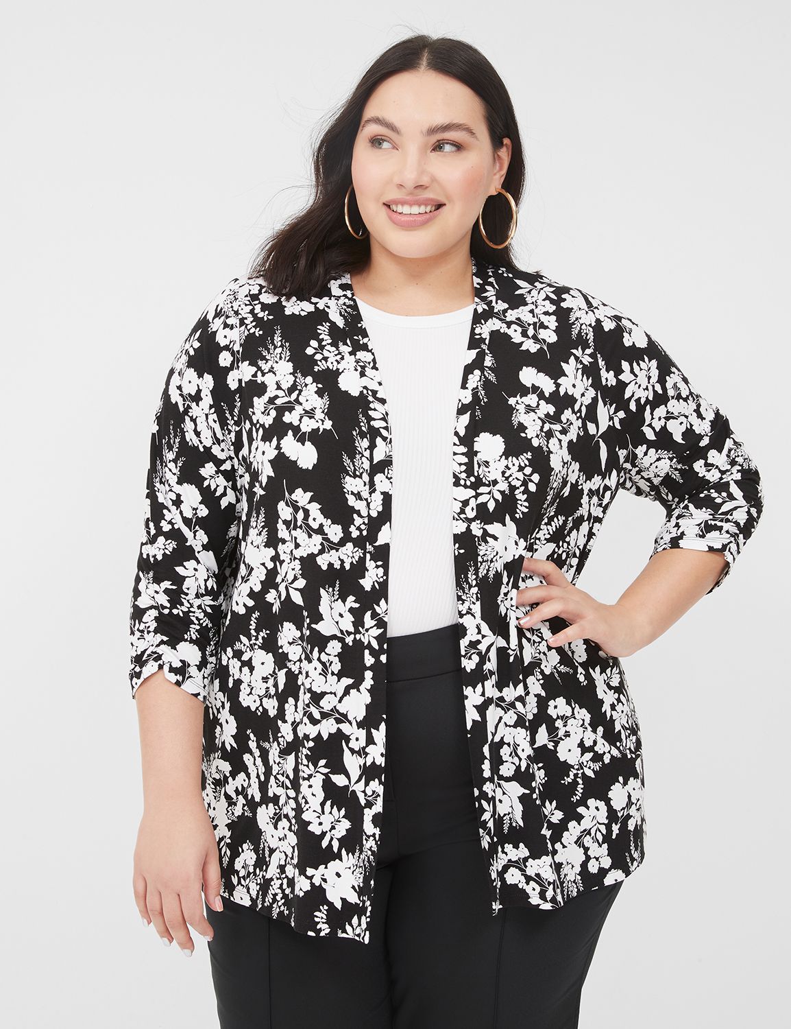 3/4 Sleeve Ruched Sleeve Open Front | LaneBryant