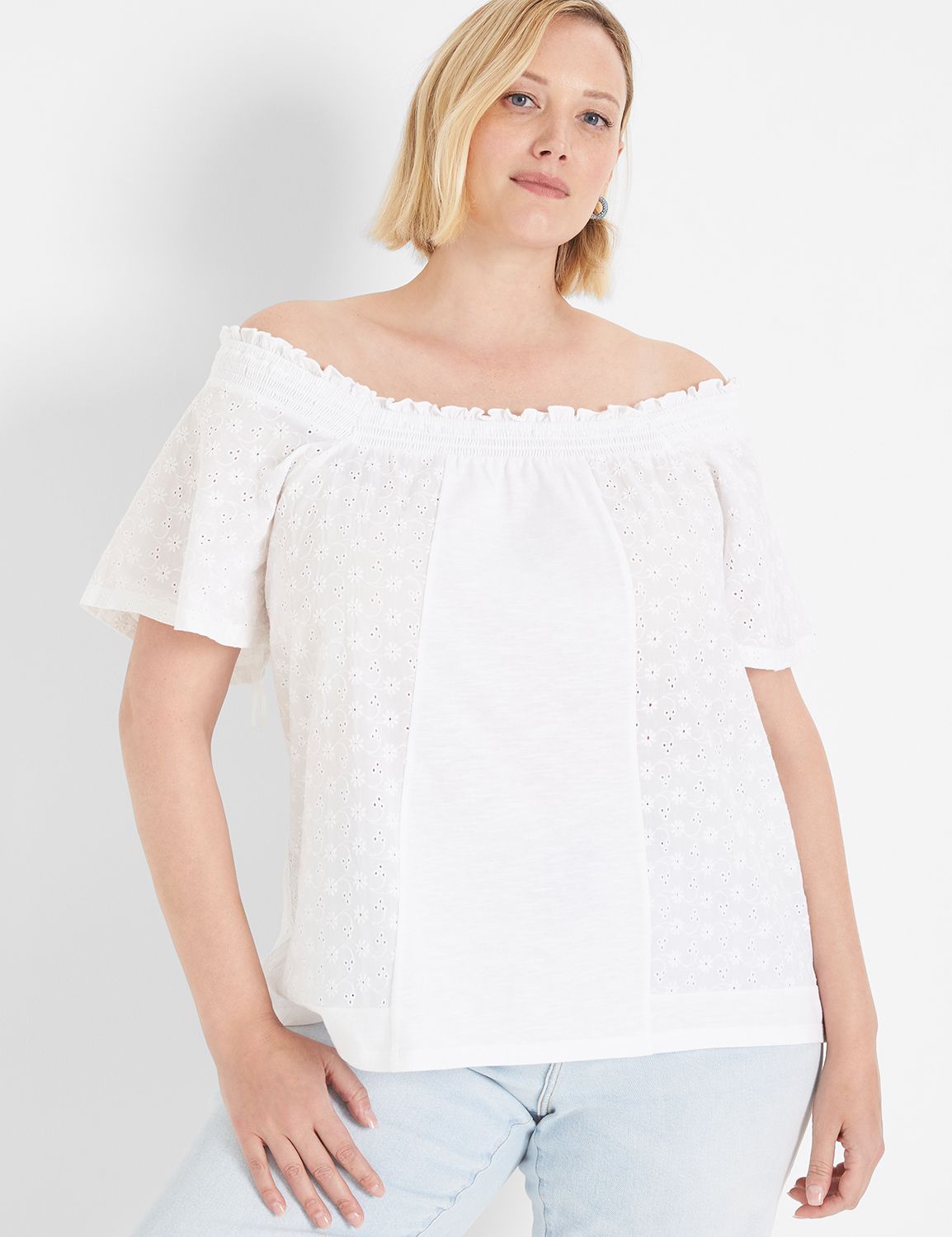 Square-Neck Woven Eyelet & Knit Top | LaneBryant