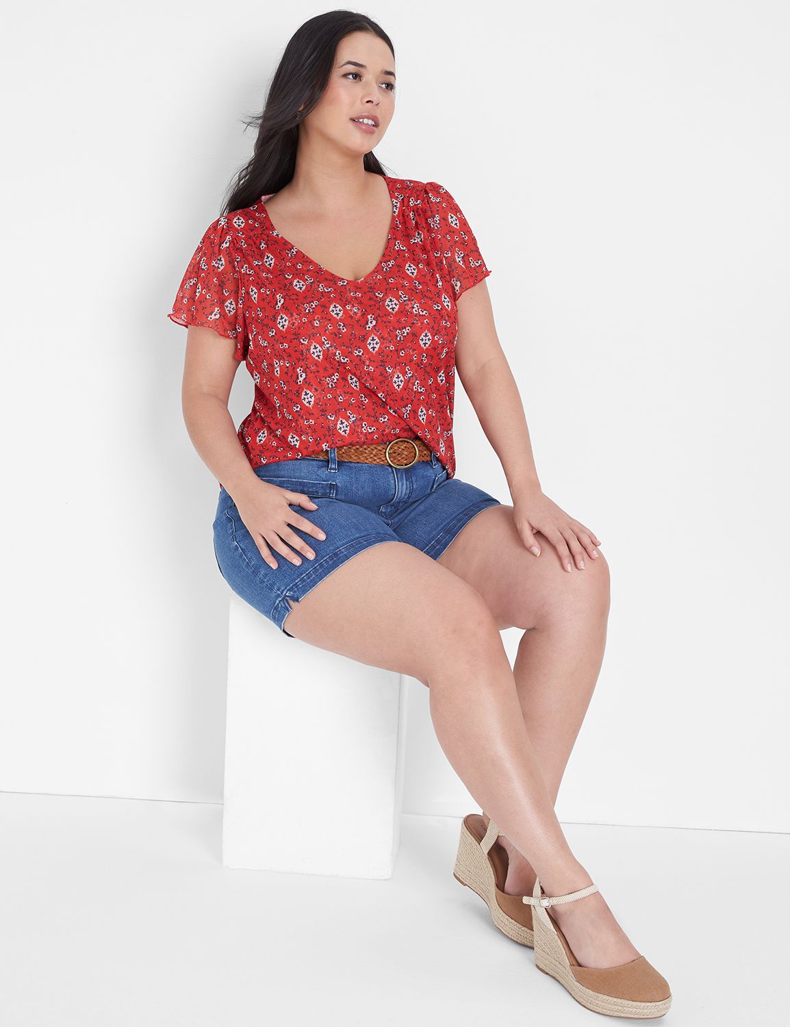 Floral Painting Print Striped Patchwork Flutter Sleeve V Neck Blouse