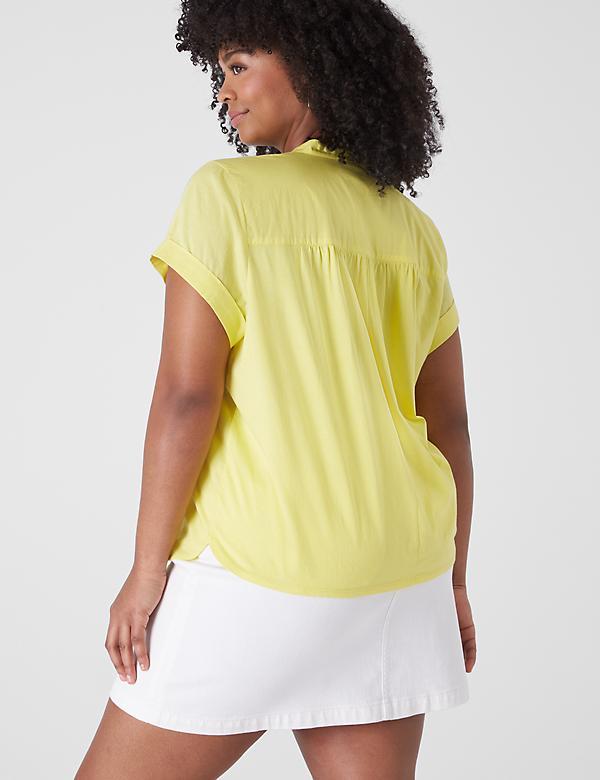 Relaxed Ruffle Notch-Neck Woven-Front Top