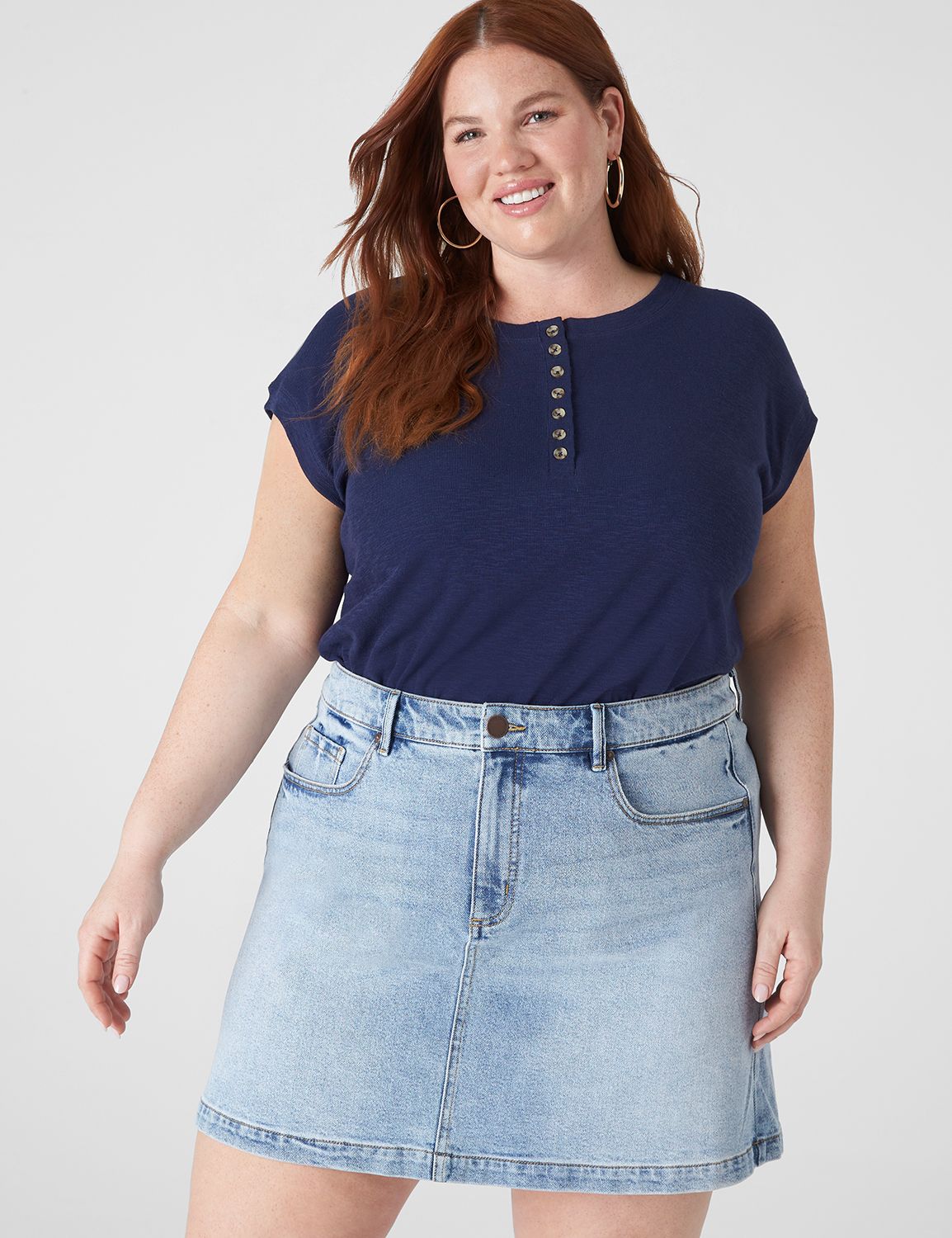 Classic Cap Sleeve Crew Neck Henley Product Image 1
