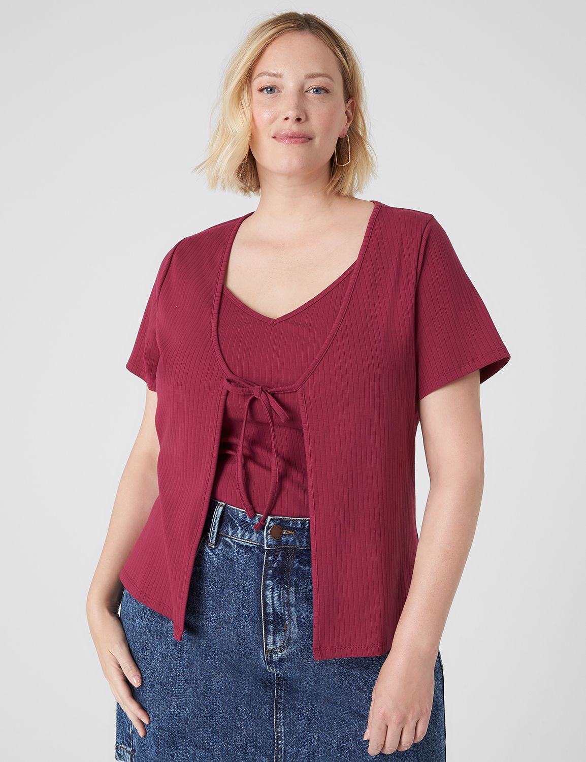 Short-Sleeve Tie-Front Rib Overpiece | LaneBryant