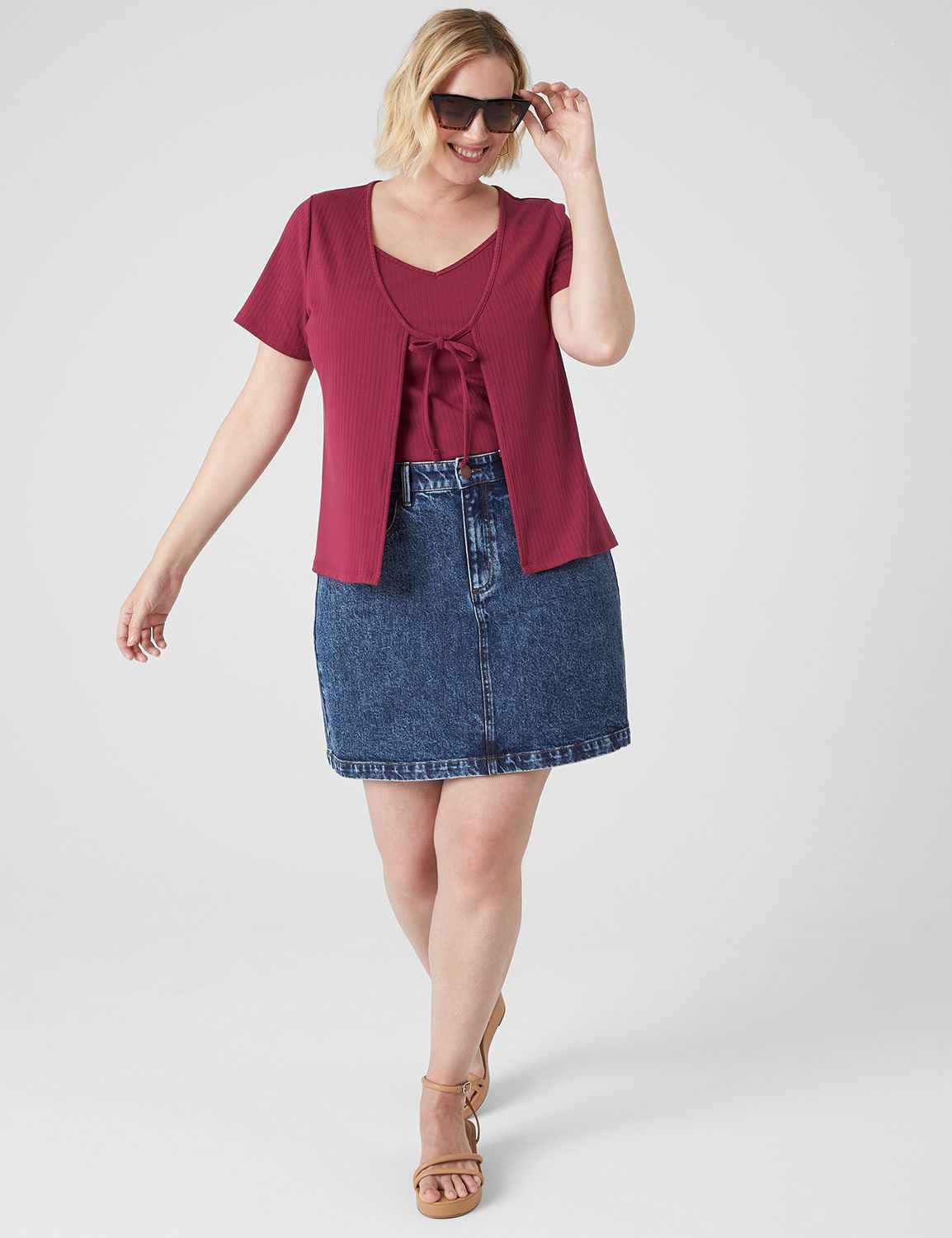 Short-Sleeve Tie-Front Rib Overpiece | LaneBryant