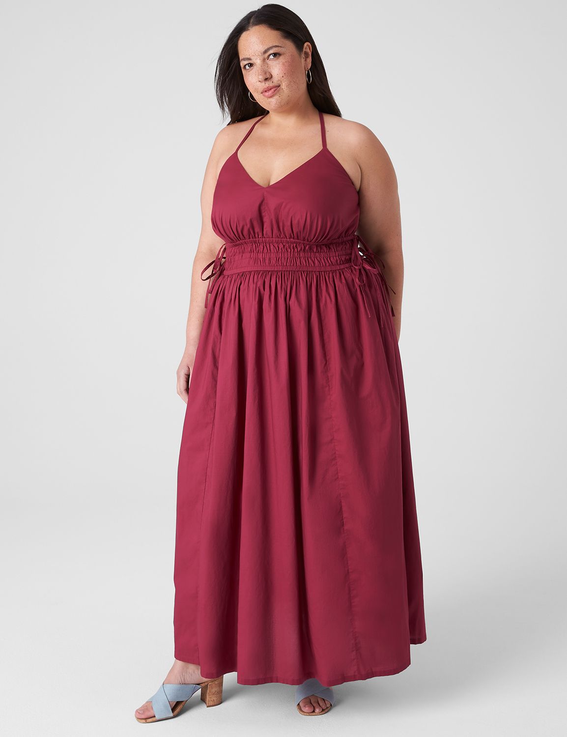 Sleeveless V Neck Strappy Ruched Wa | LaneBryant