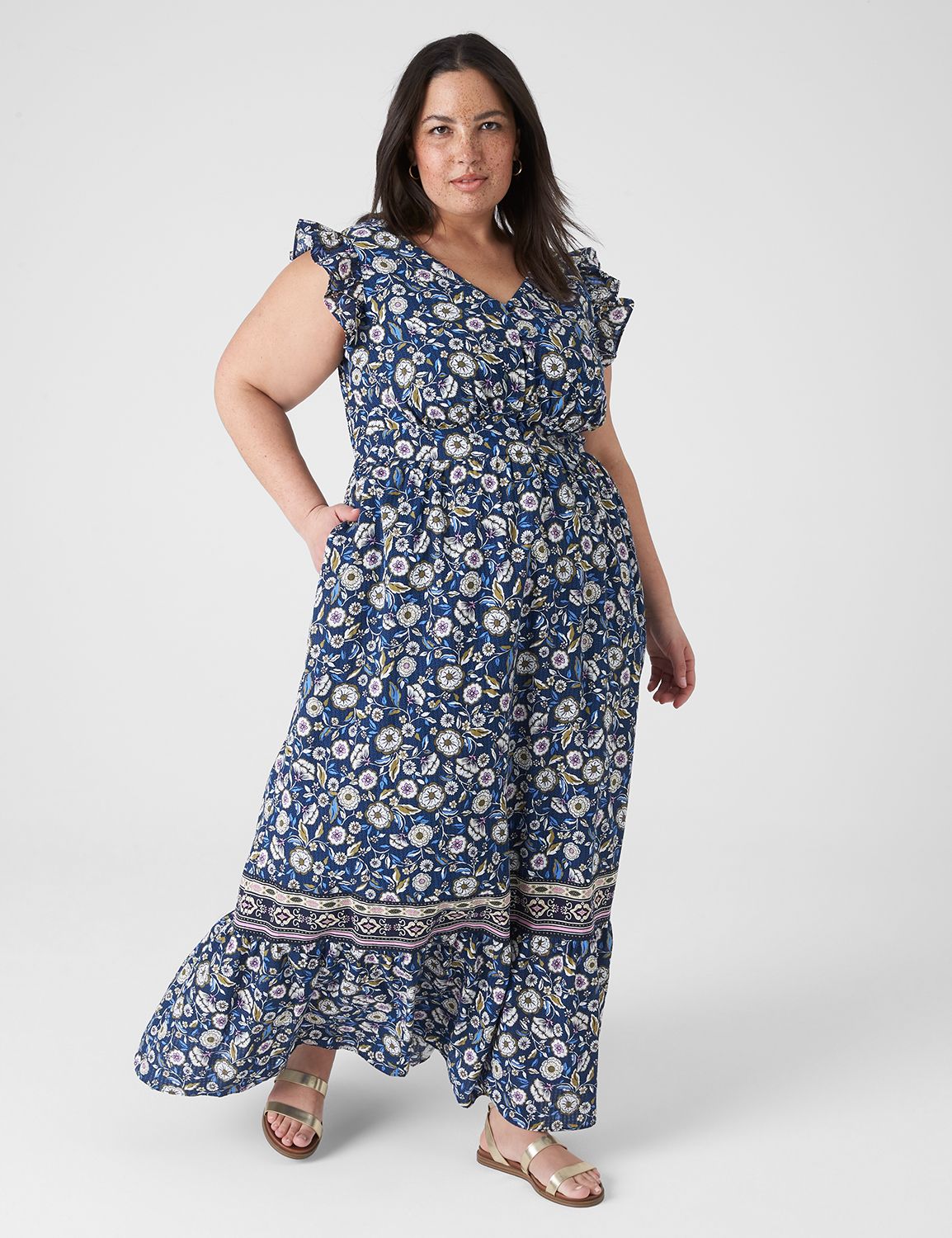 Flutter Sleeve Button Front Maxi Dress LaneBryant