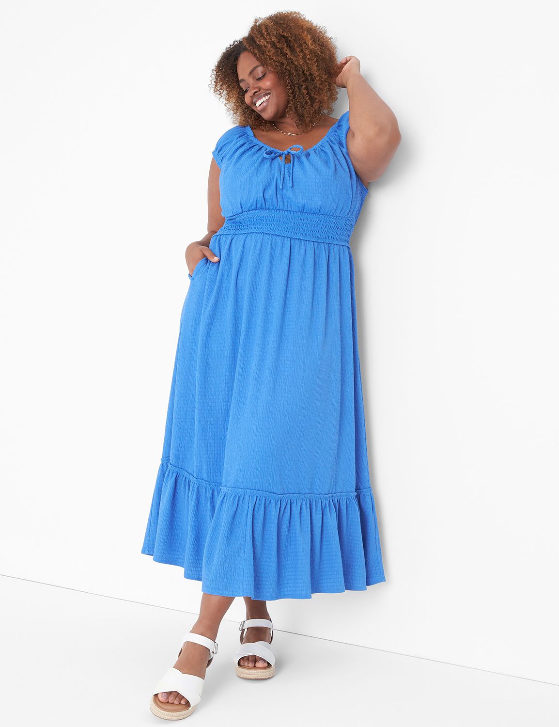 Ruched Cap Sleeve Smocked Waist Mid Product Image 1