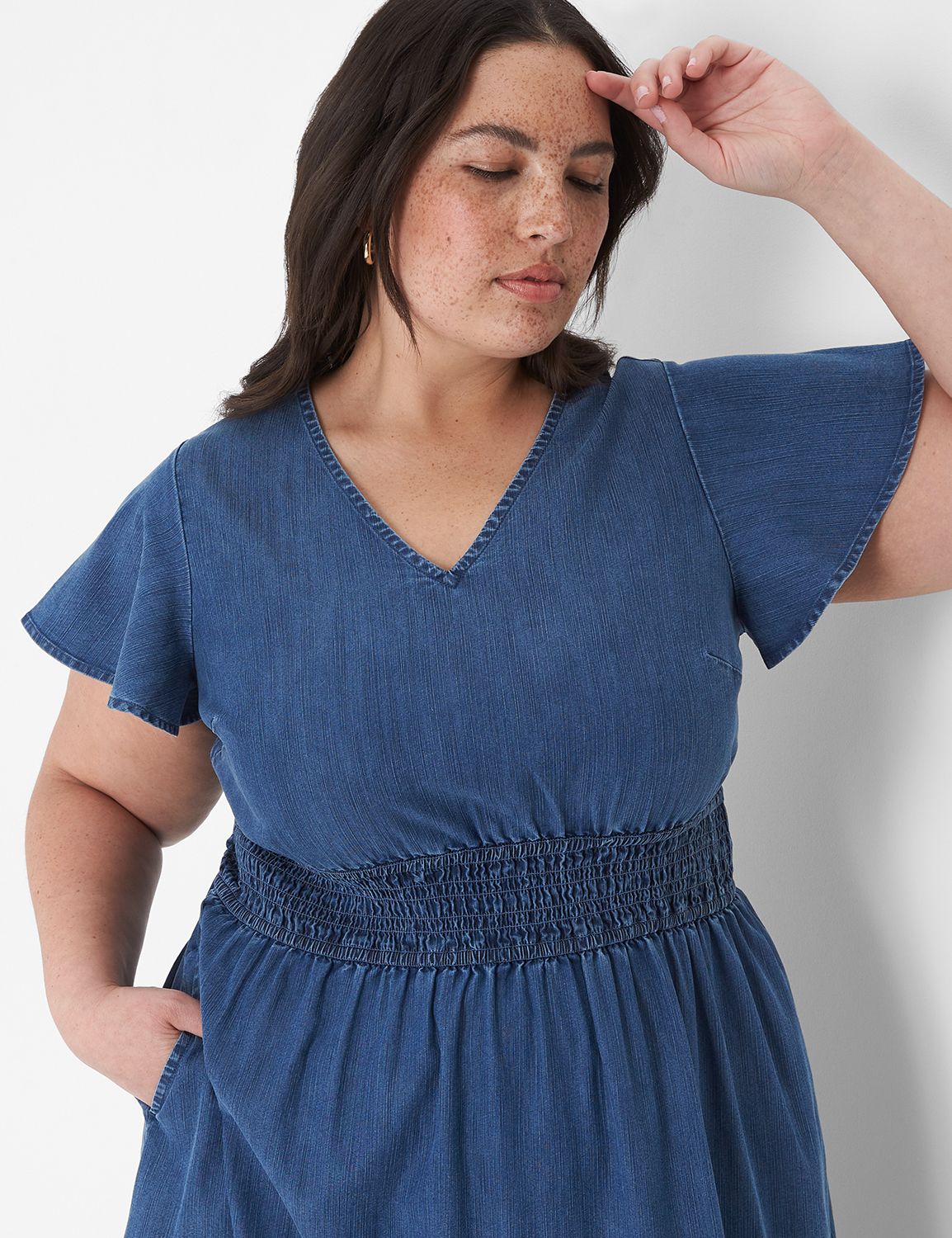 Cap Flutter Sleeve V Neck Smocked W LaneBryant