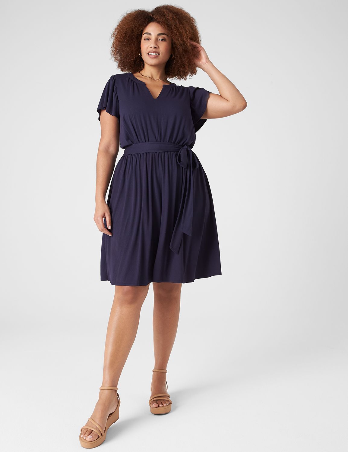 Cap Flutter V Neck Tiered Belted Kn Product Image 1