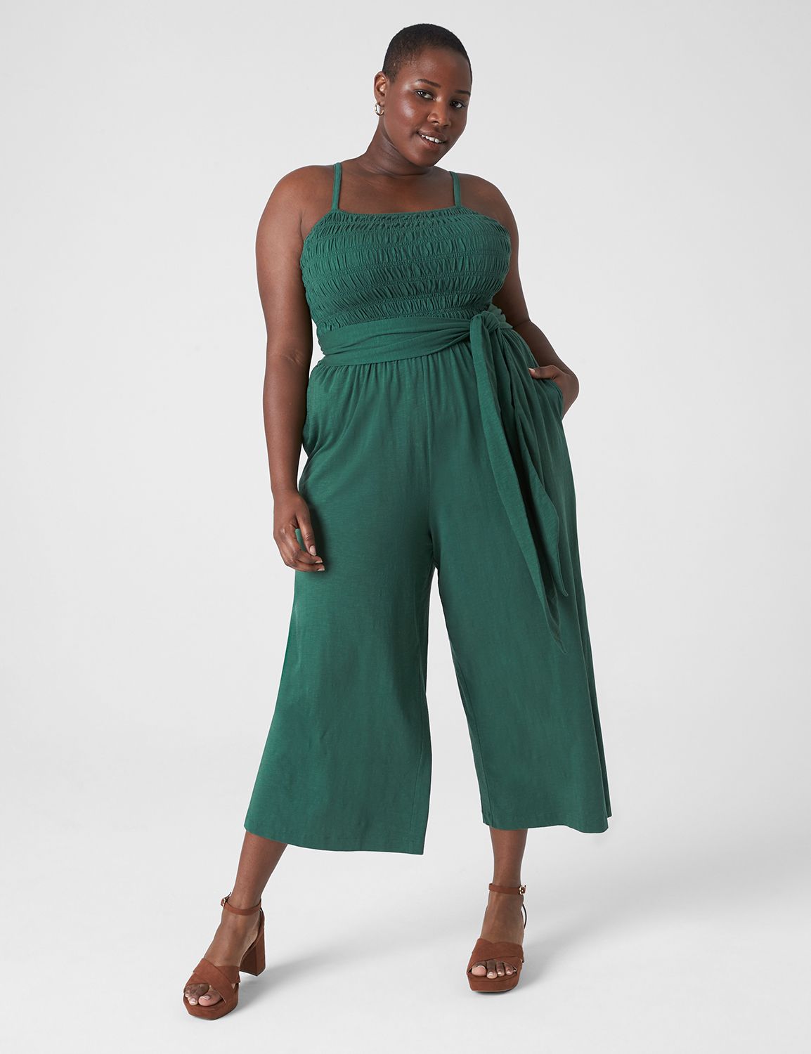 Smocked-Bodice Waist-Tie Jumpsuit