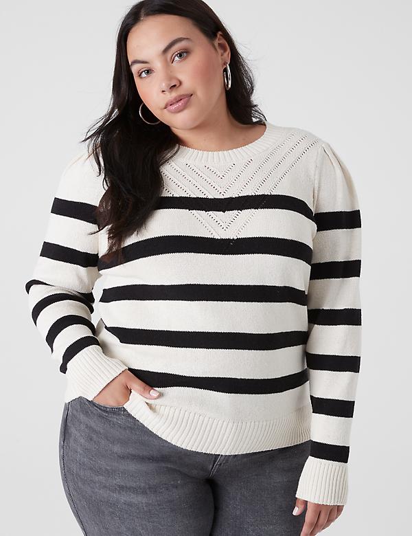 Puff-Sleeve Crew-Neck Striped Sweater