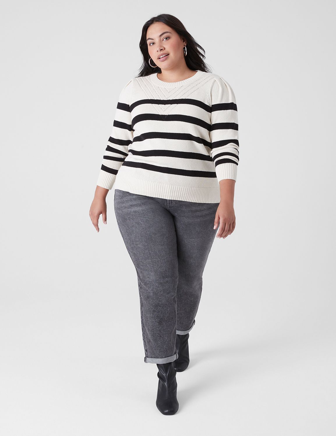 Classic Long Puff Sleeve Striped Cr | LaneBryant