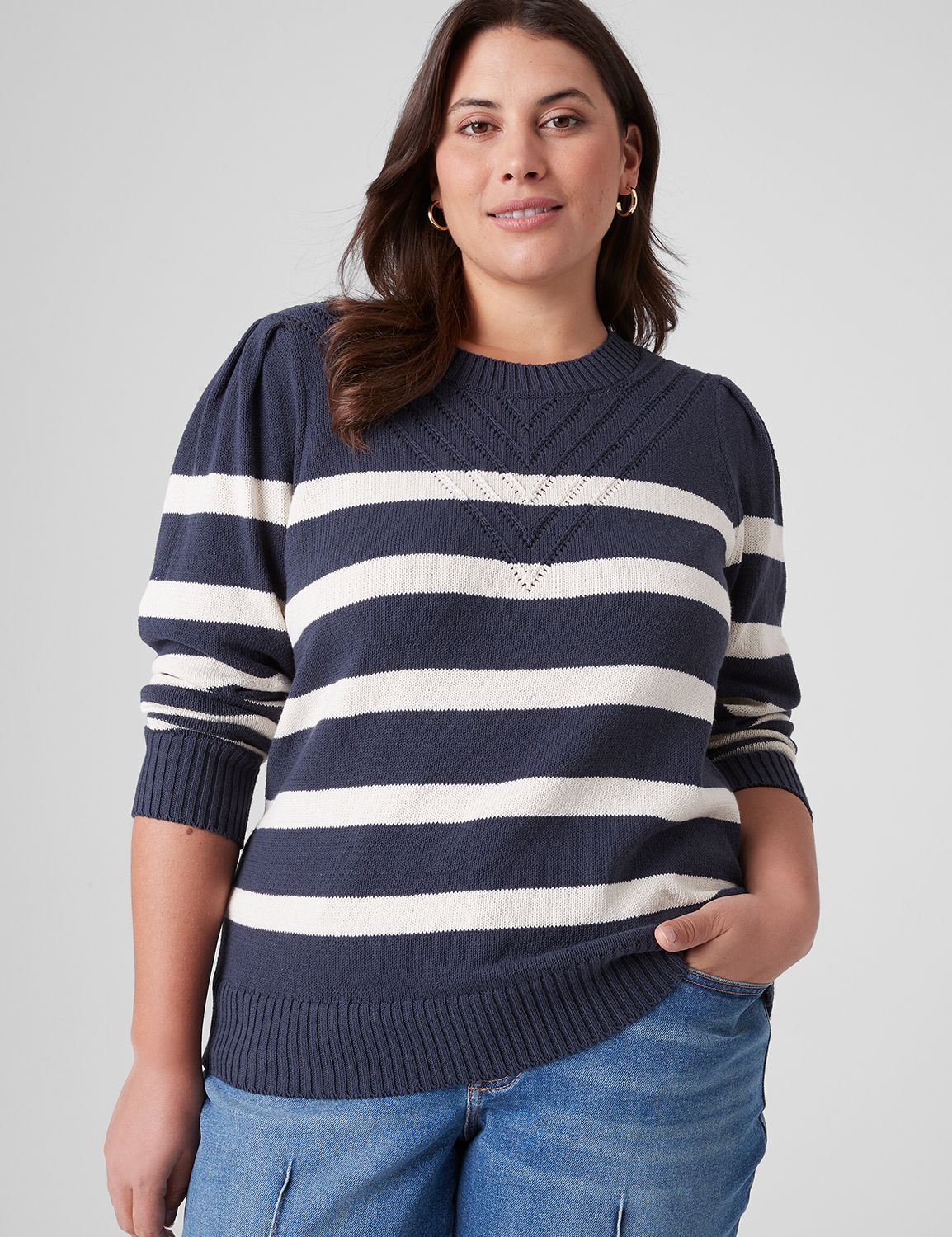 Puff Sleeve Crew Neck Striped Sweater LaneBryant