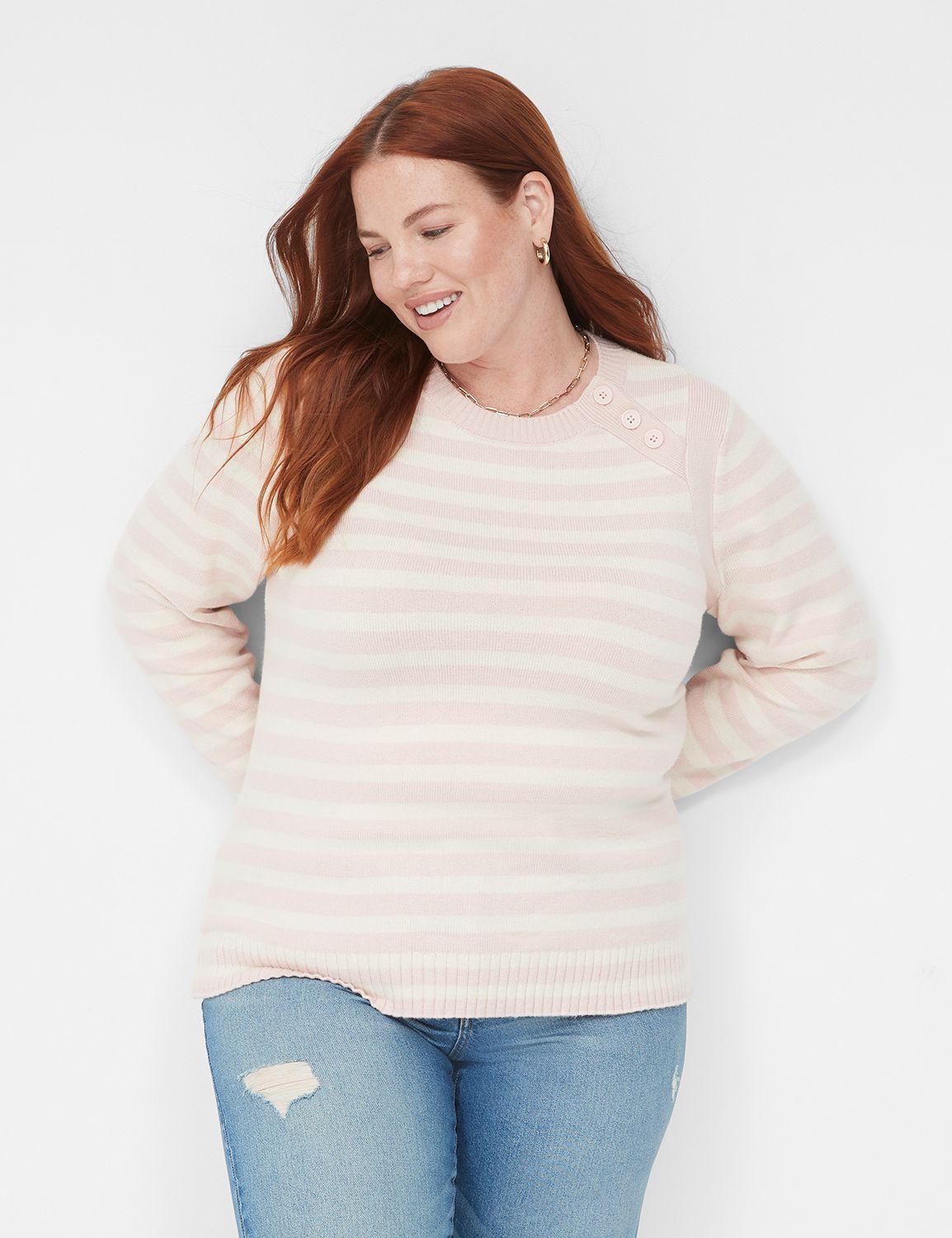 Crew-Neck Button-Shoulder Stripe Sweater