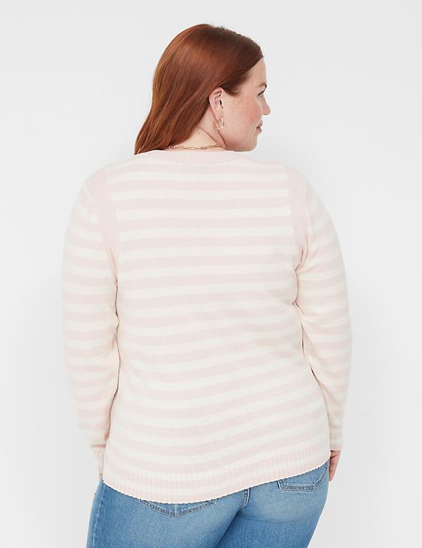 Crew-Neck Button-Shoulder Stripe Sweater