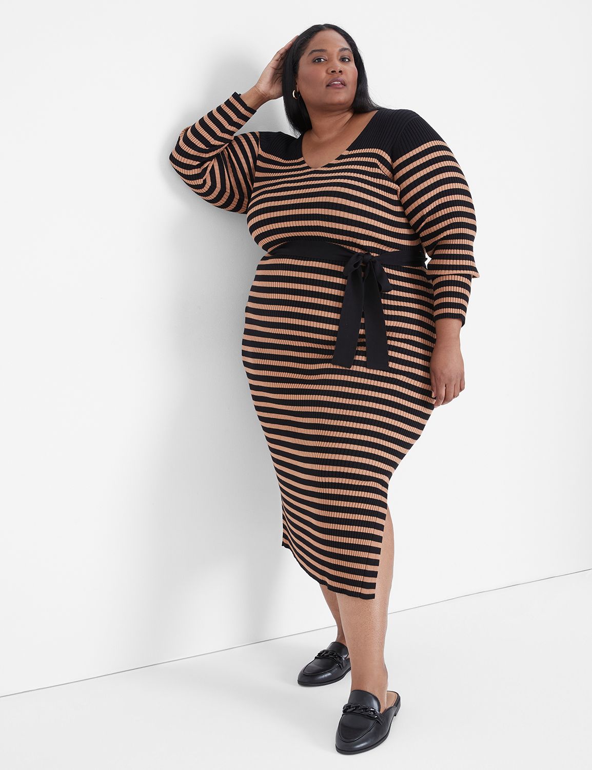 Long-Sleeve V-Neck Stripe Rib Sweater Midi Dress