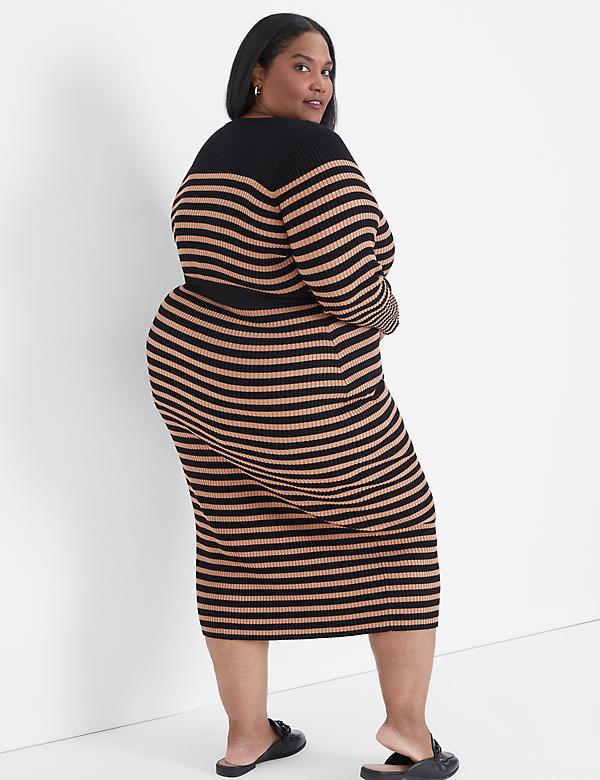 Long-Sleeve V-Neck Stripe Rib Sweater Midi Dress