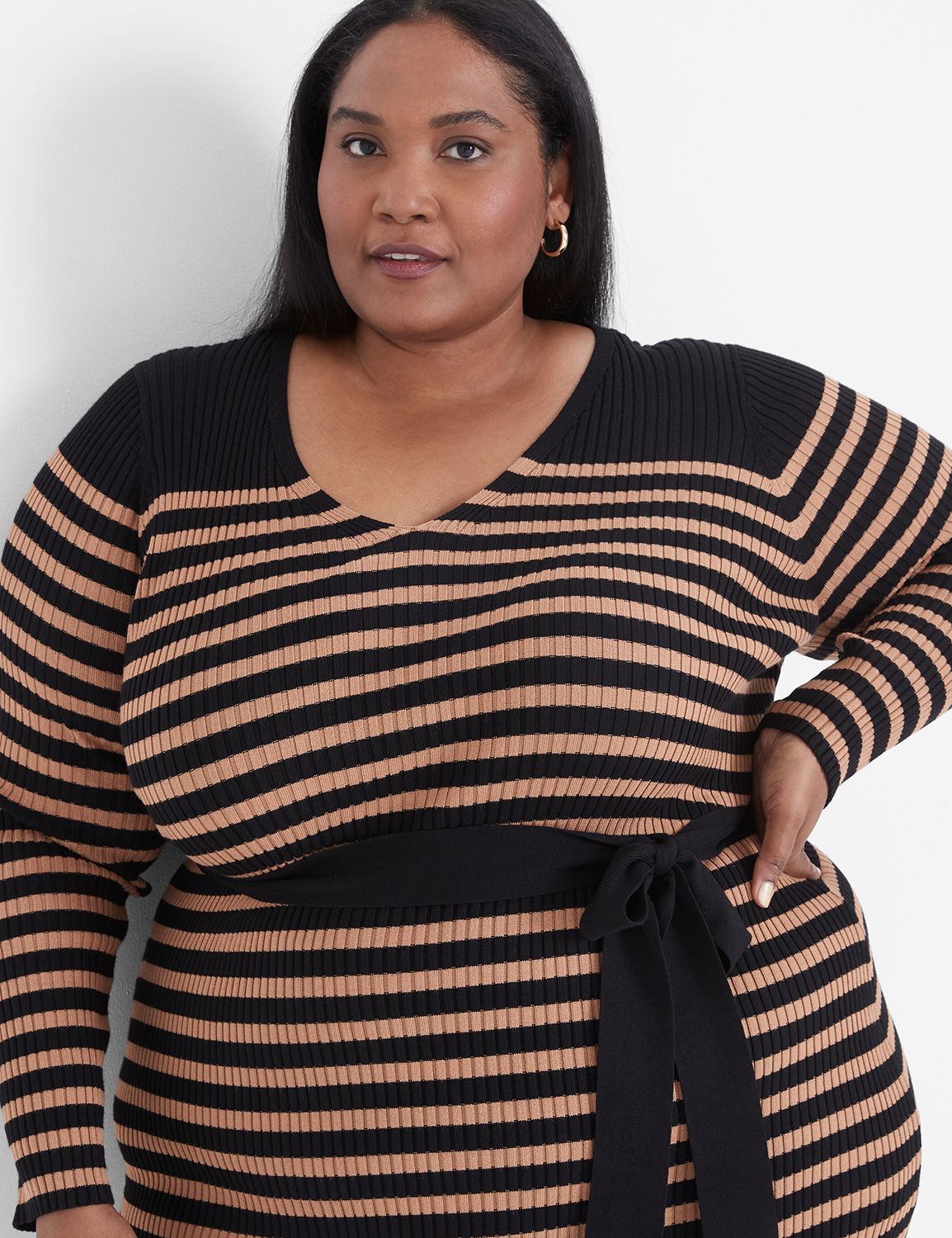 Long-Sleeve V-Neck Stripe Rib Sweater Midi Dress