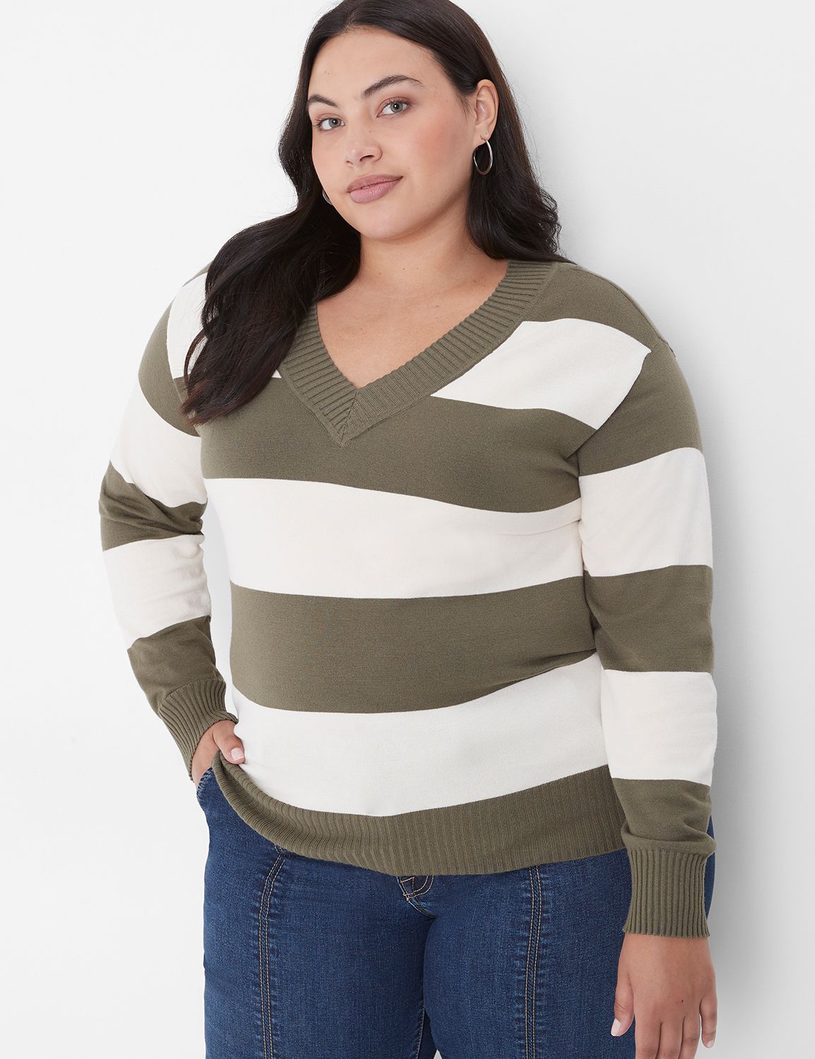 Long-Sleeve V-Neck Striped Sweater