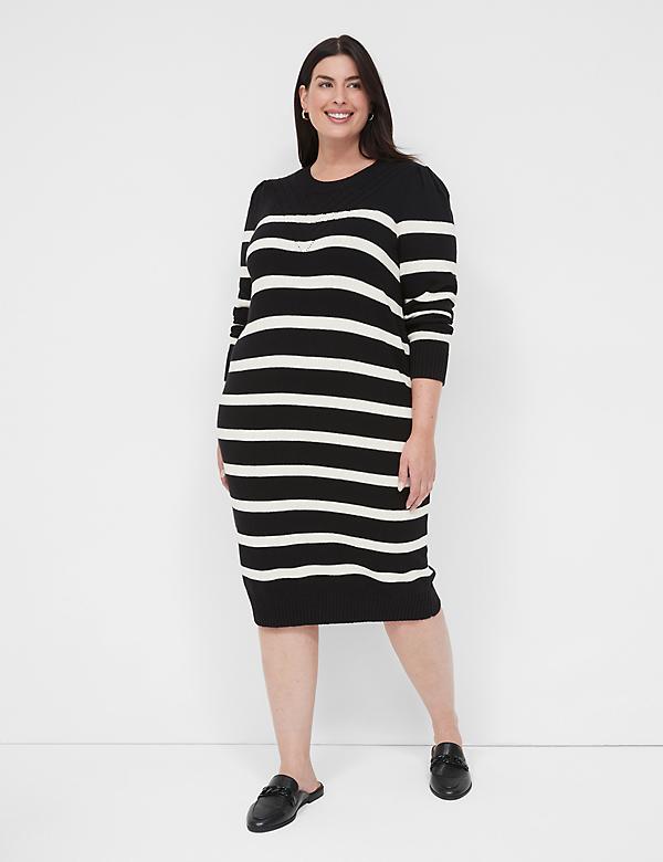 Long Puff-Sleeve Striped Sweater Dress