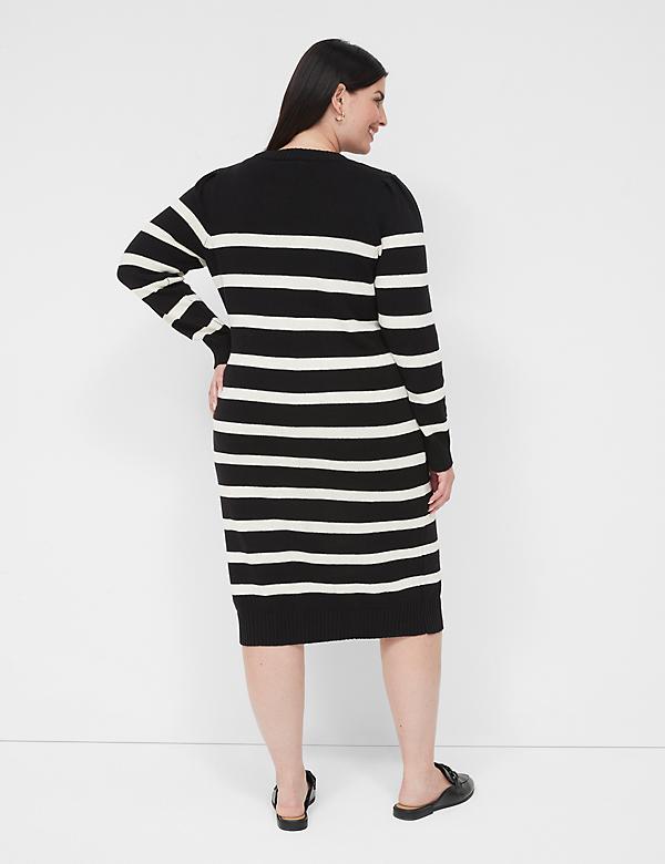 Long Puff-Sleeve Striped Sweater Dress
