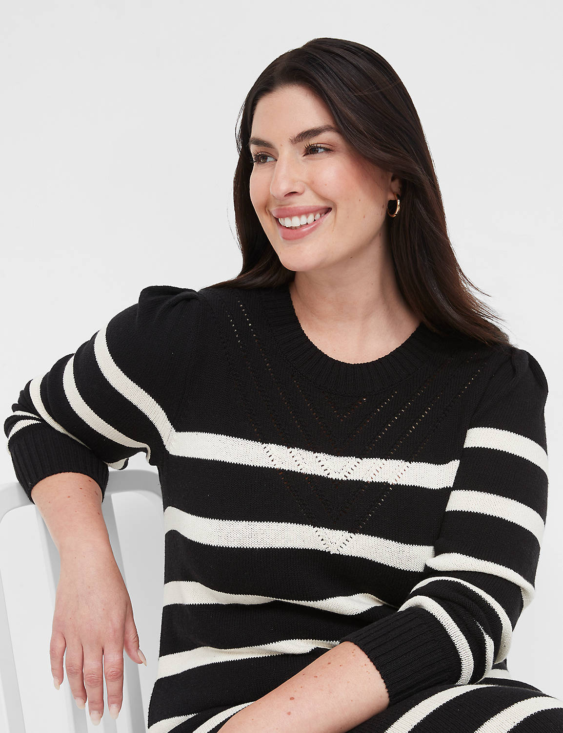 Long Puff Sleeve Striped Crew Neck Product Image 3