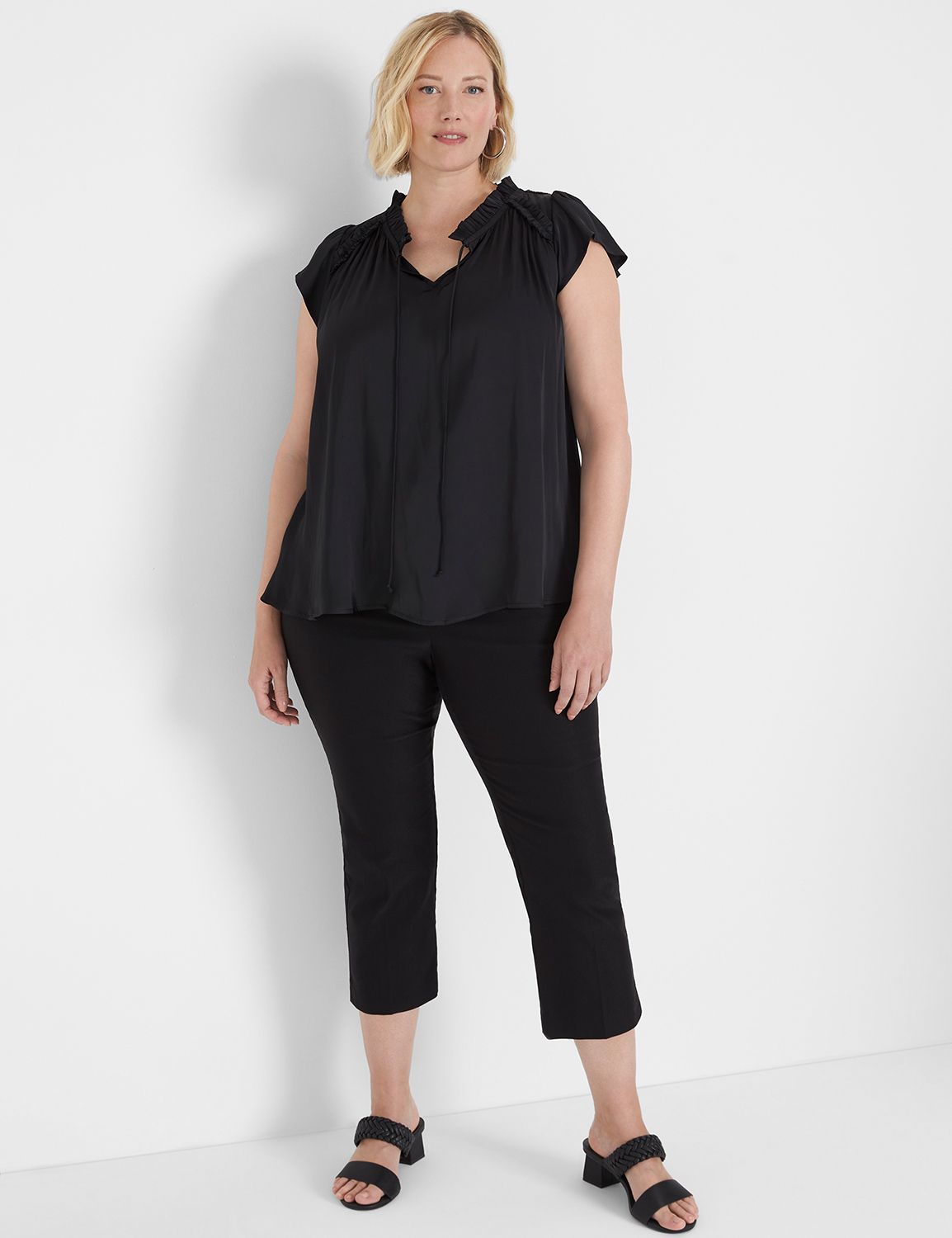 Flutter-Sleeve Woven Satin & Knit Top | LaneBryant