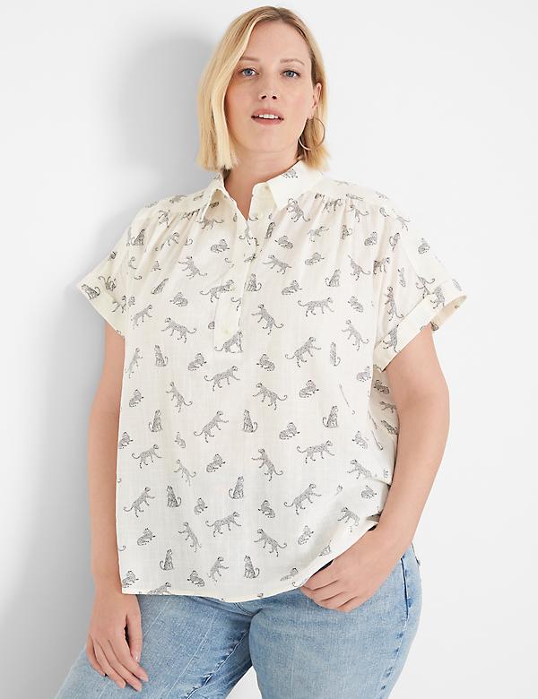 Short-Sleeve Collared Popover Blouse