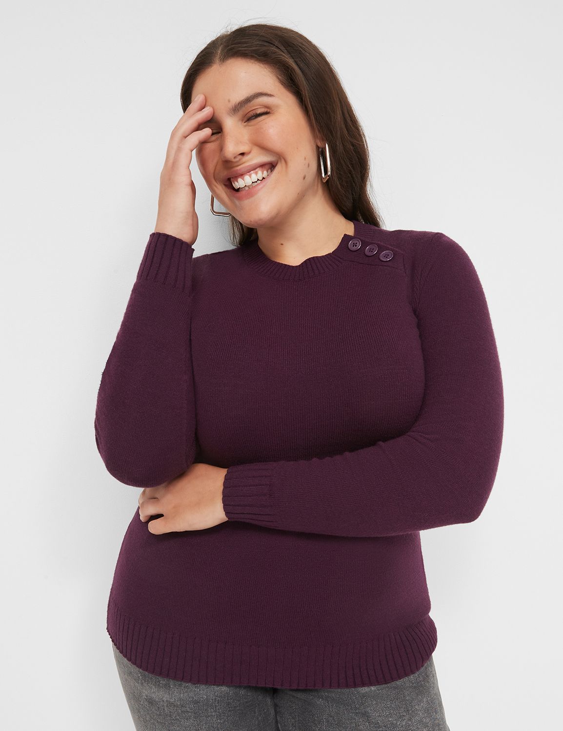 Crew-Neck Button-Shoulder Sweater