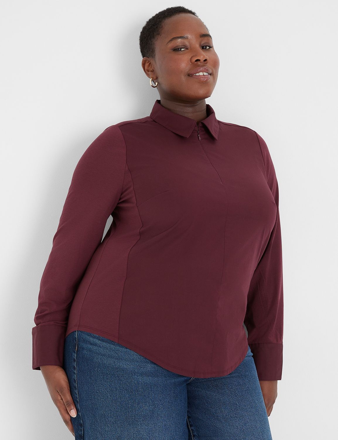 Collared Zip-Front Woven & Knit Top | LaneBryant