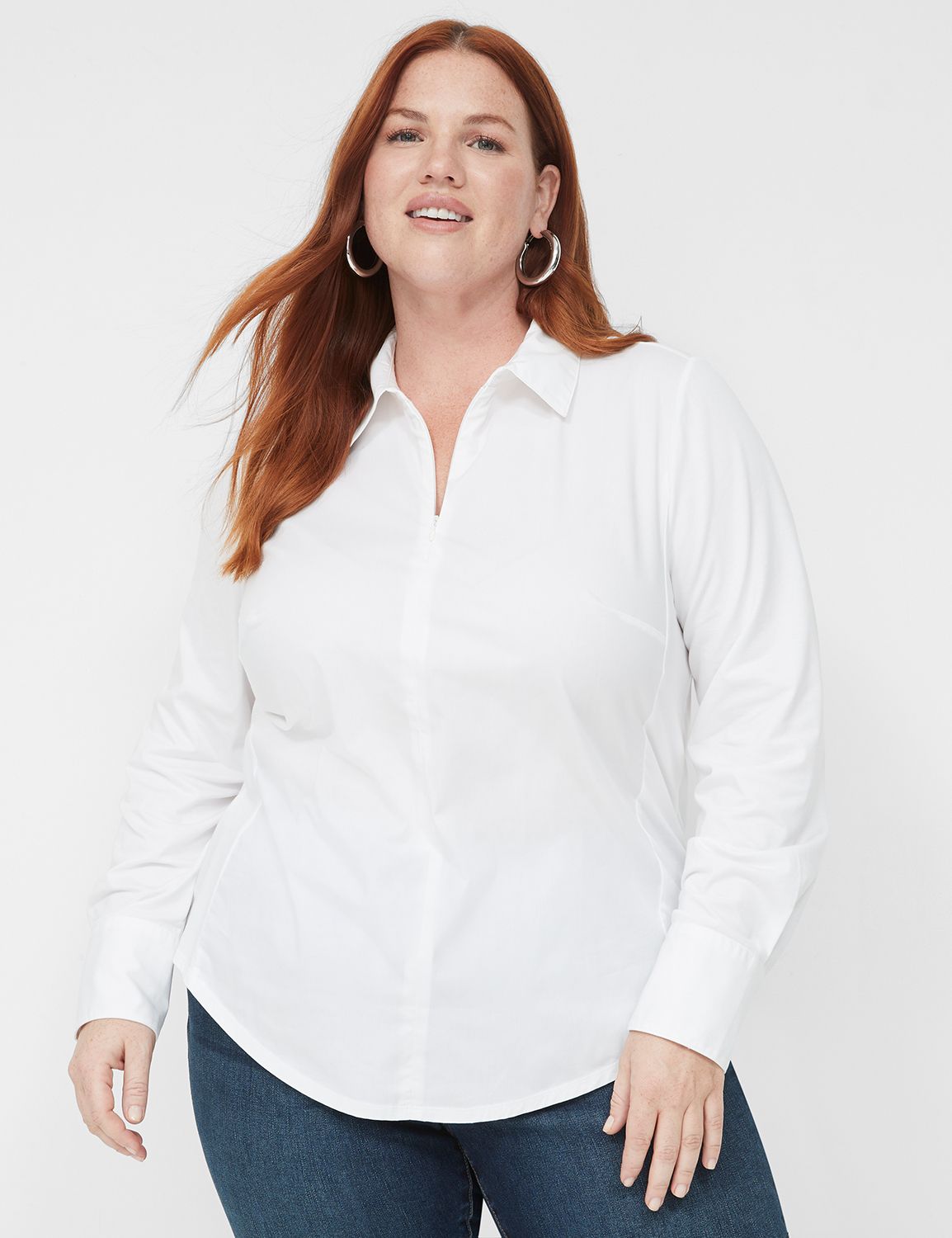 Tailored Long Sleeve Collared Zip F | LaneBryant