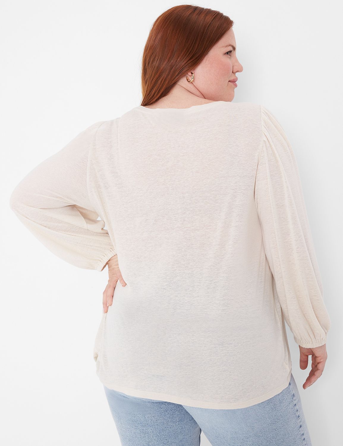3/4 Flare Sleeve Cutout Trim Front Neck Swing Blouse in Beige - Plus main image 0