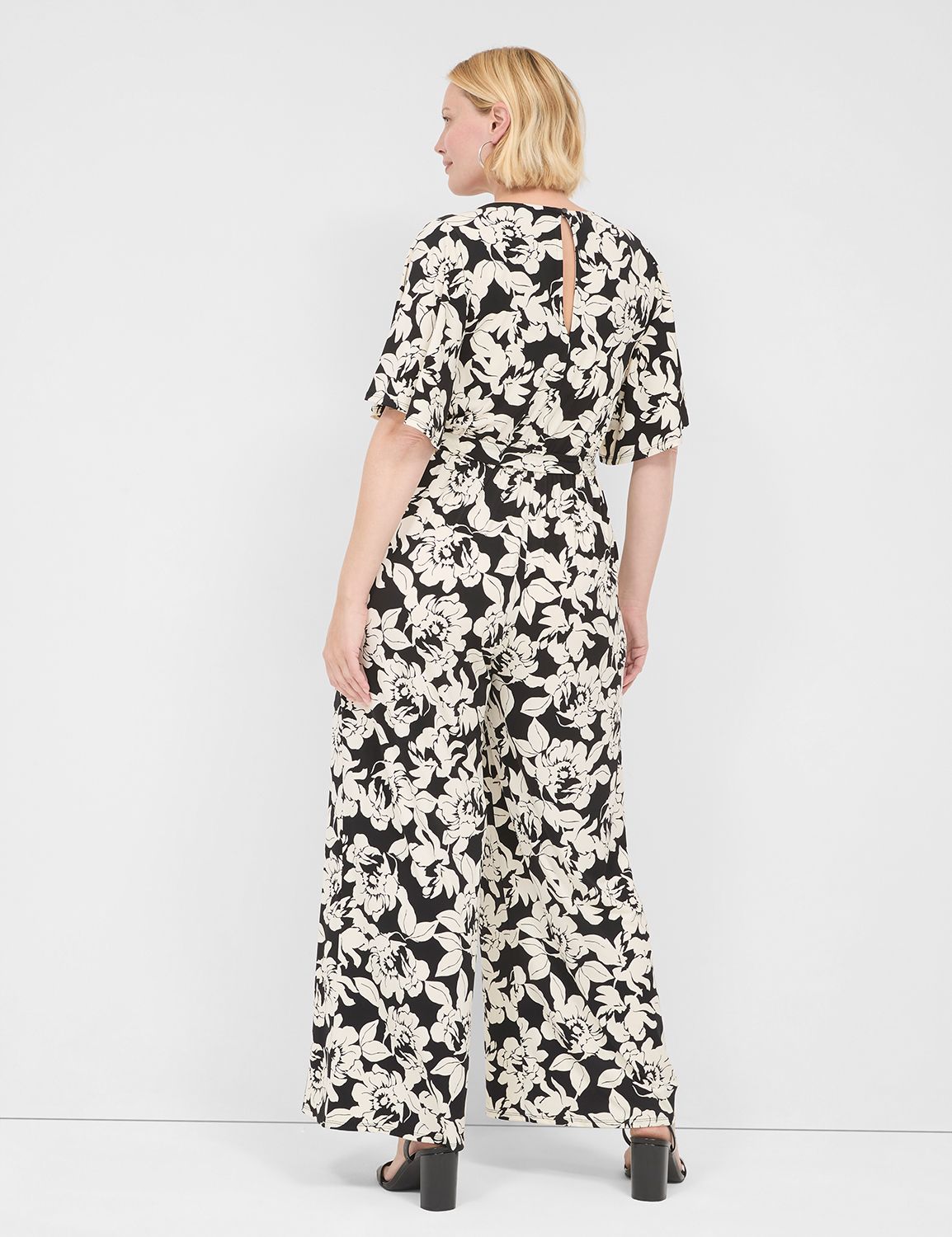 Flutter Sleeve V Neck Wide Leg Jersey Jumpsuit LaneBryant
