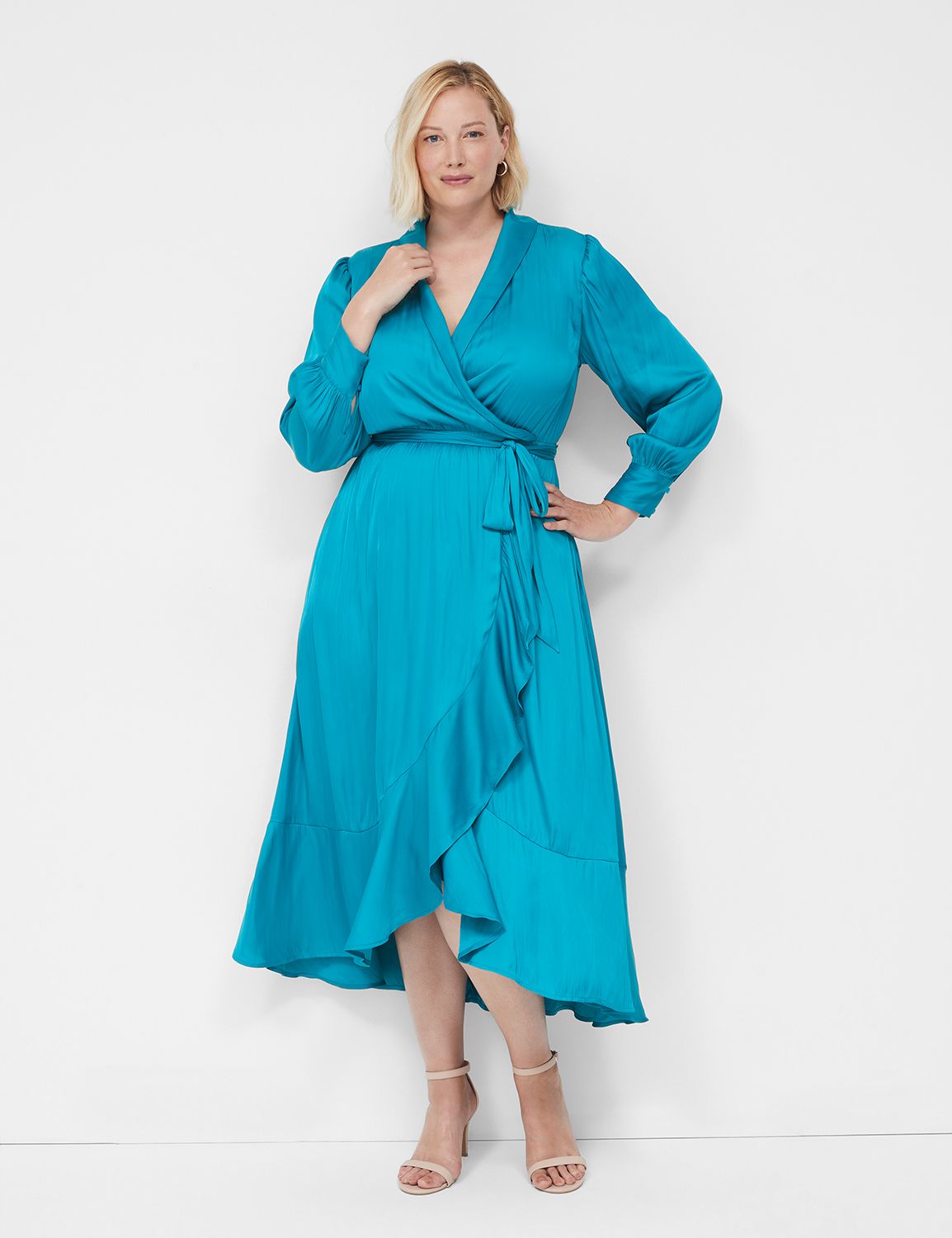 Blouson-Sleeve Shawl-Collar Faux-Wrap Midi Dress