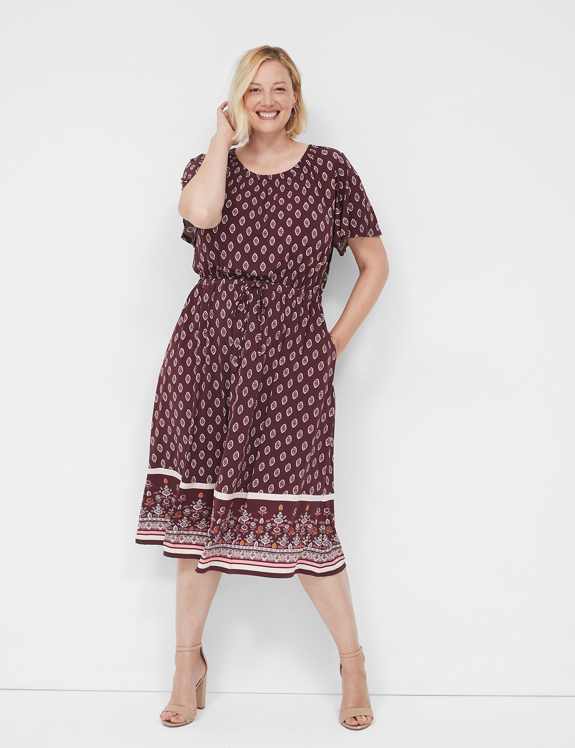 Ruched Crew-Neck Fit & Flare Dress - Print | LaneBryant