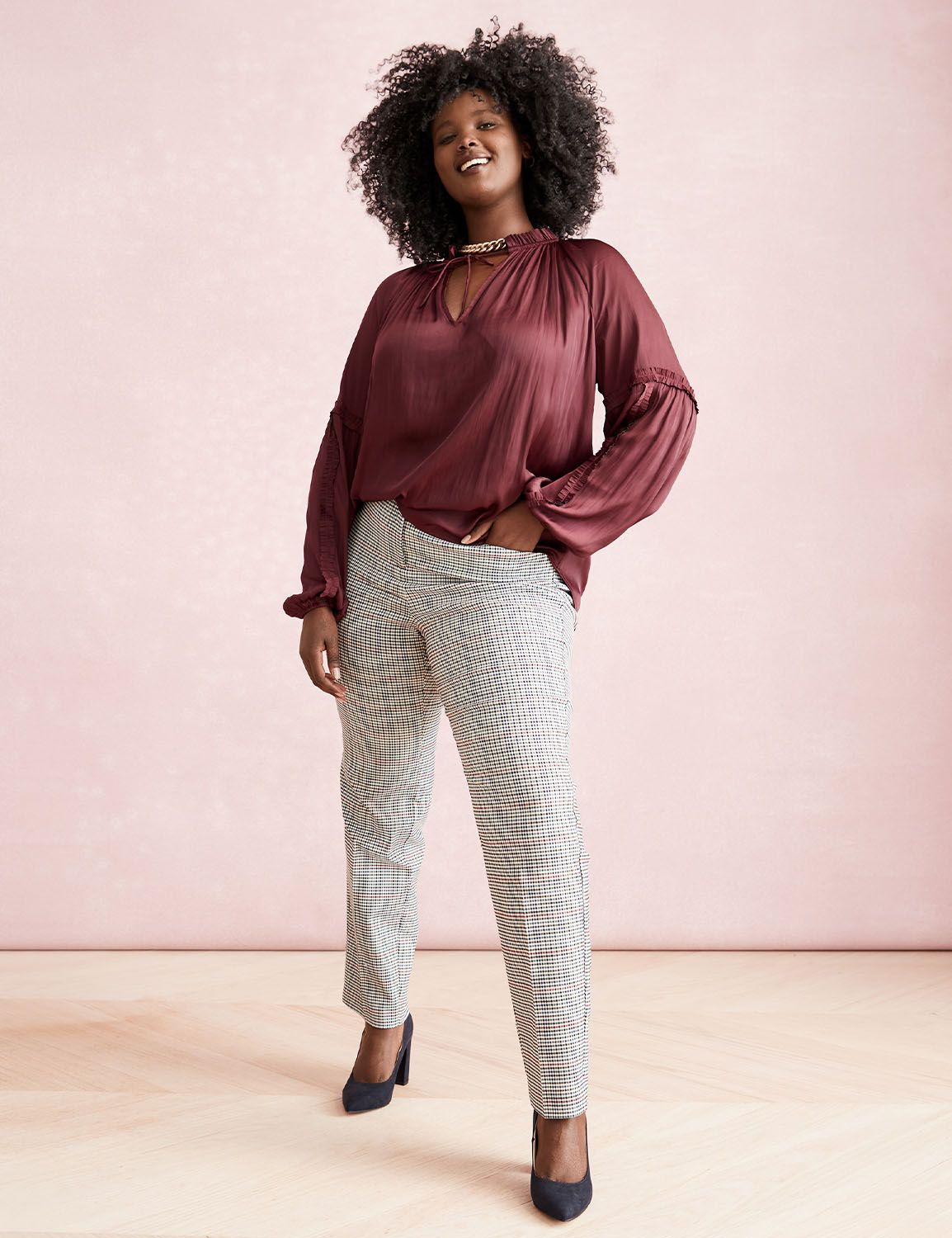 Striped Trim Ruffle Split Neck Long Sleeve Blouse