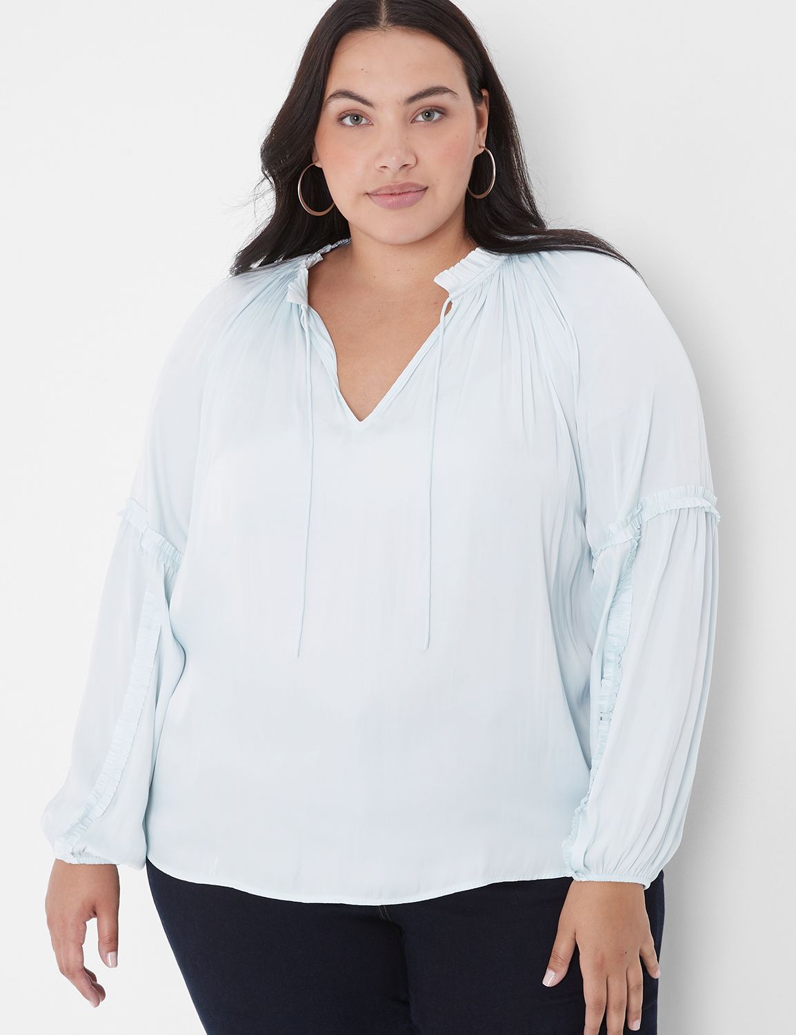 Long-Sleeve Ruffle Split-Neck Top