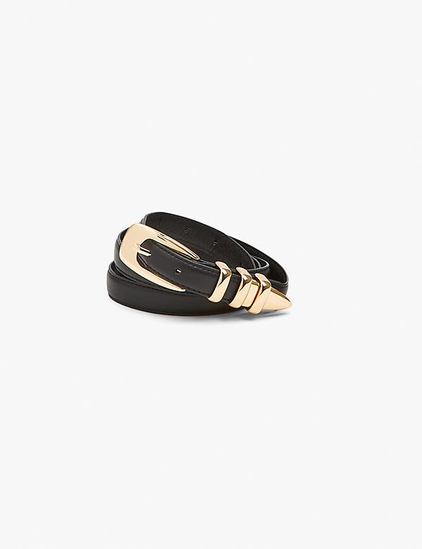 Faux-Leather Thin Belt With Goldtone Tip Detail