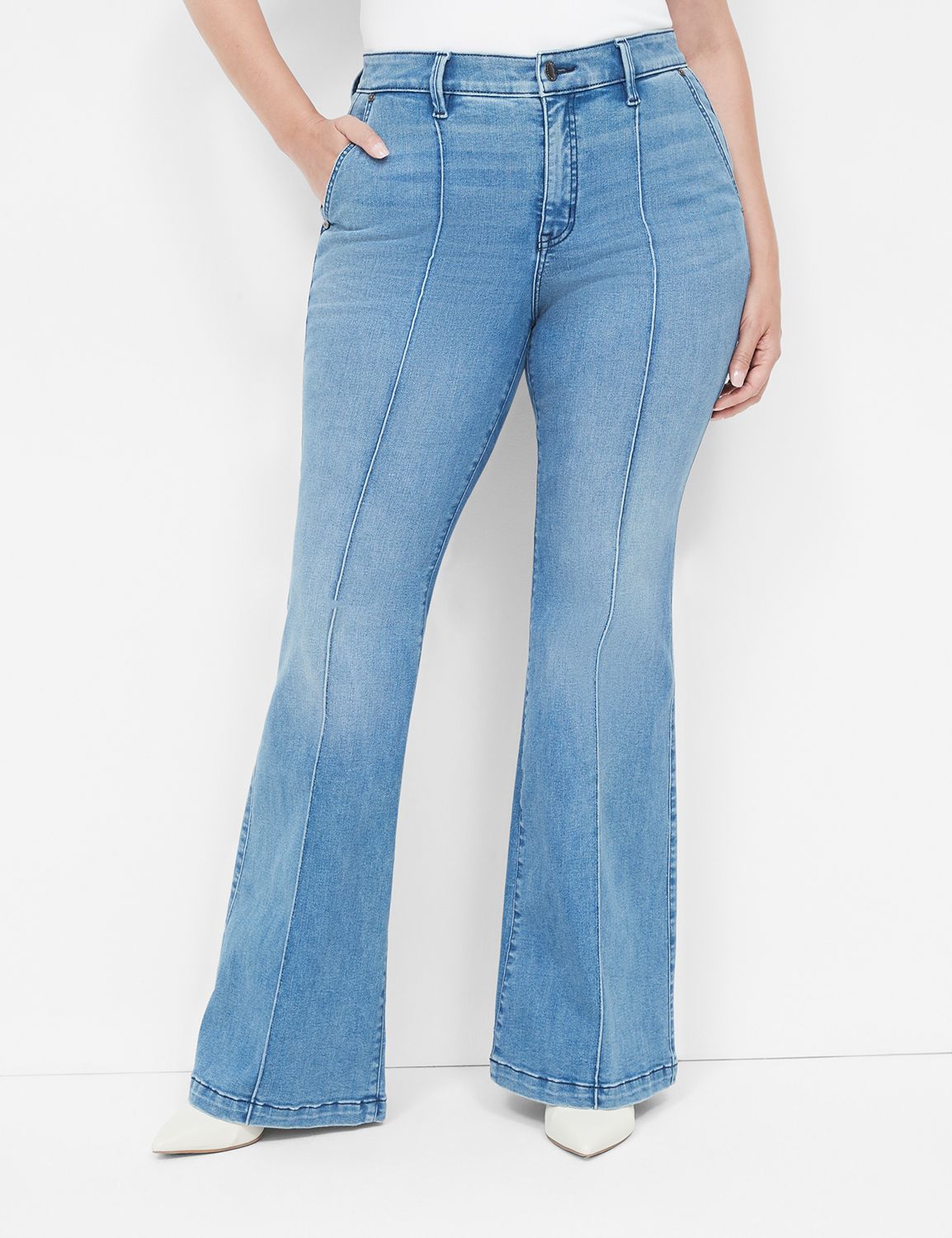 Express  Super High Waisted Seamed Bell Flare Jeans in Dark Wash