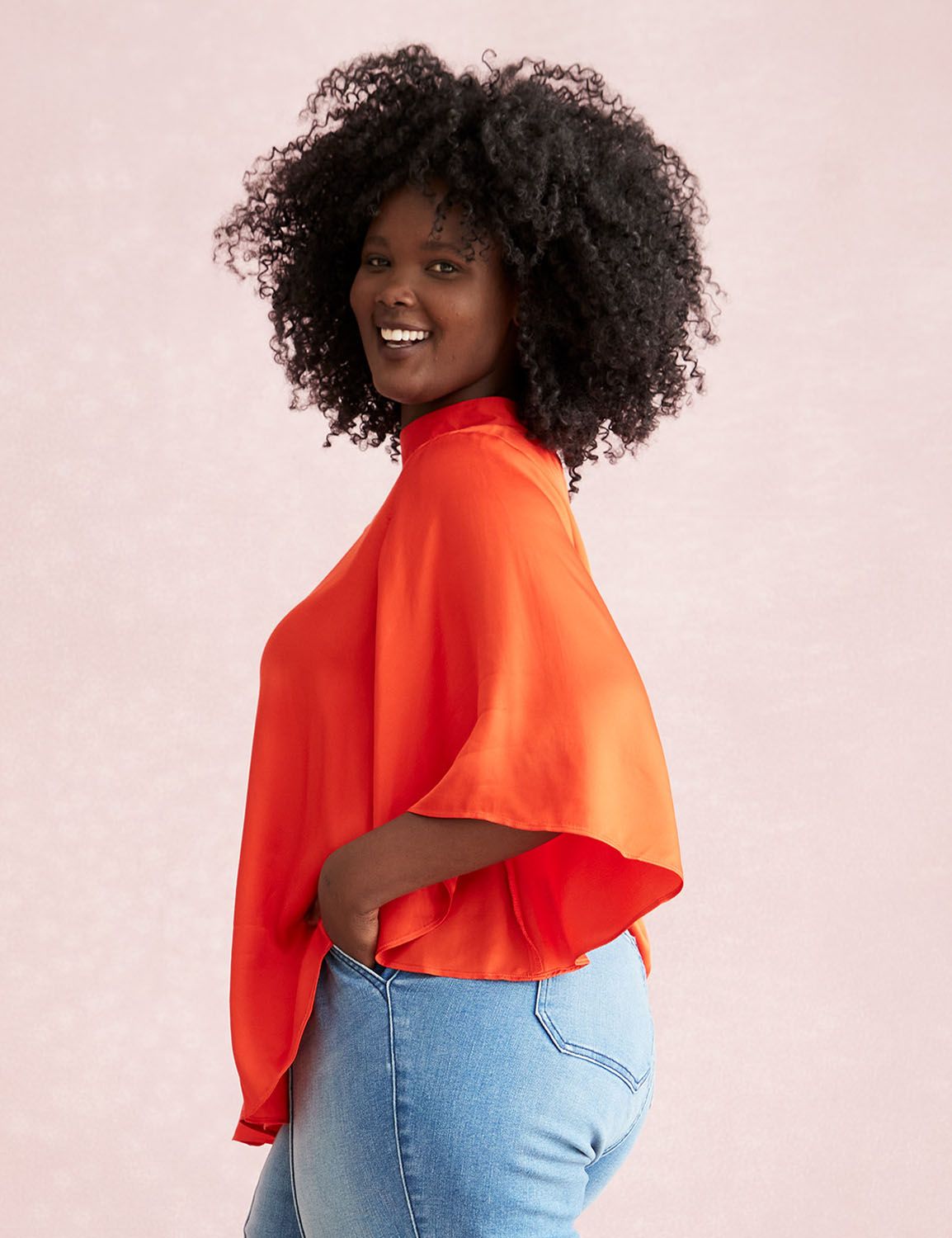 Relaxed Flutter Sleeve Mock Neck Wo