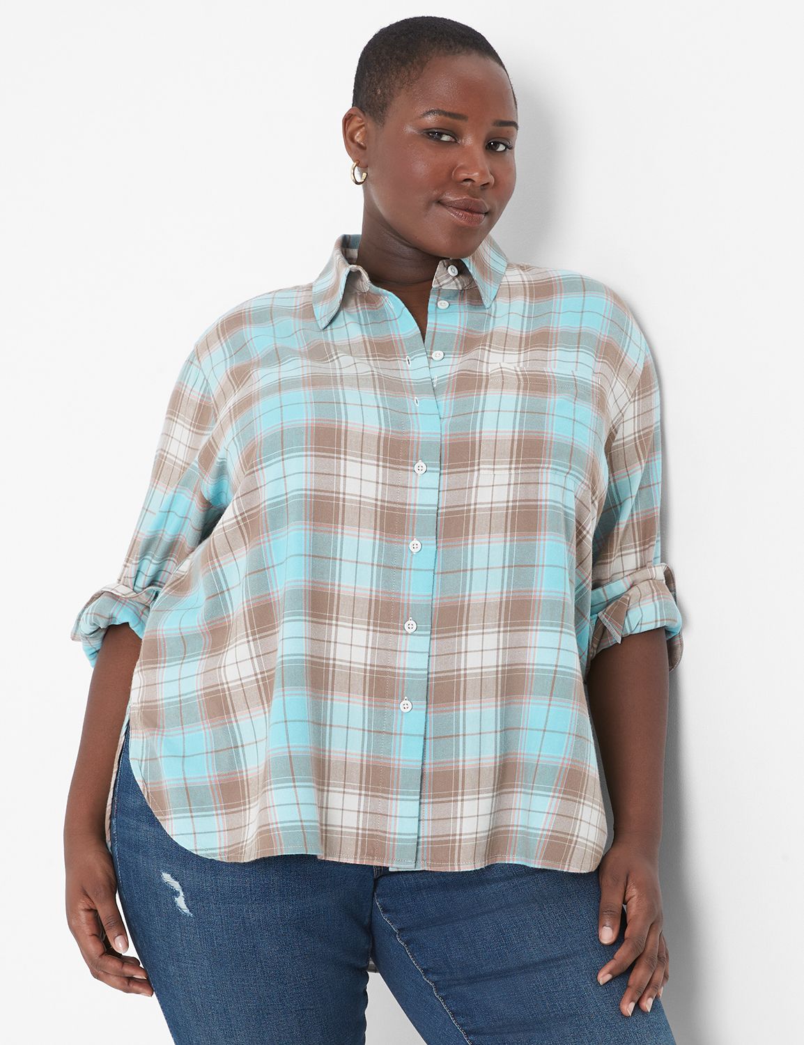 Color Block Plaid & Solid Long Sleeve Button Down Top