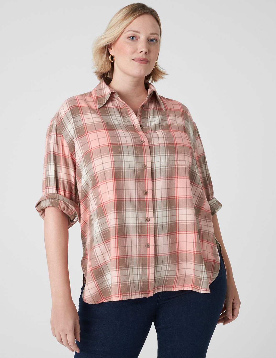 Long-Sleeve Button-Down Plaid Flannel | LaneBryant