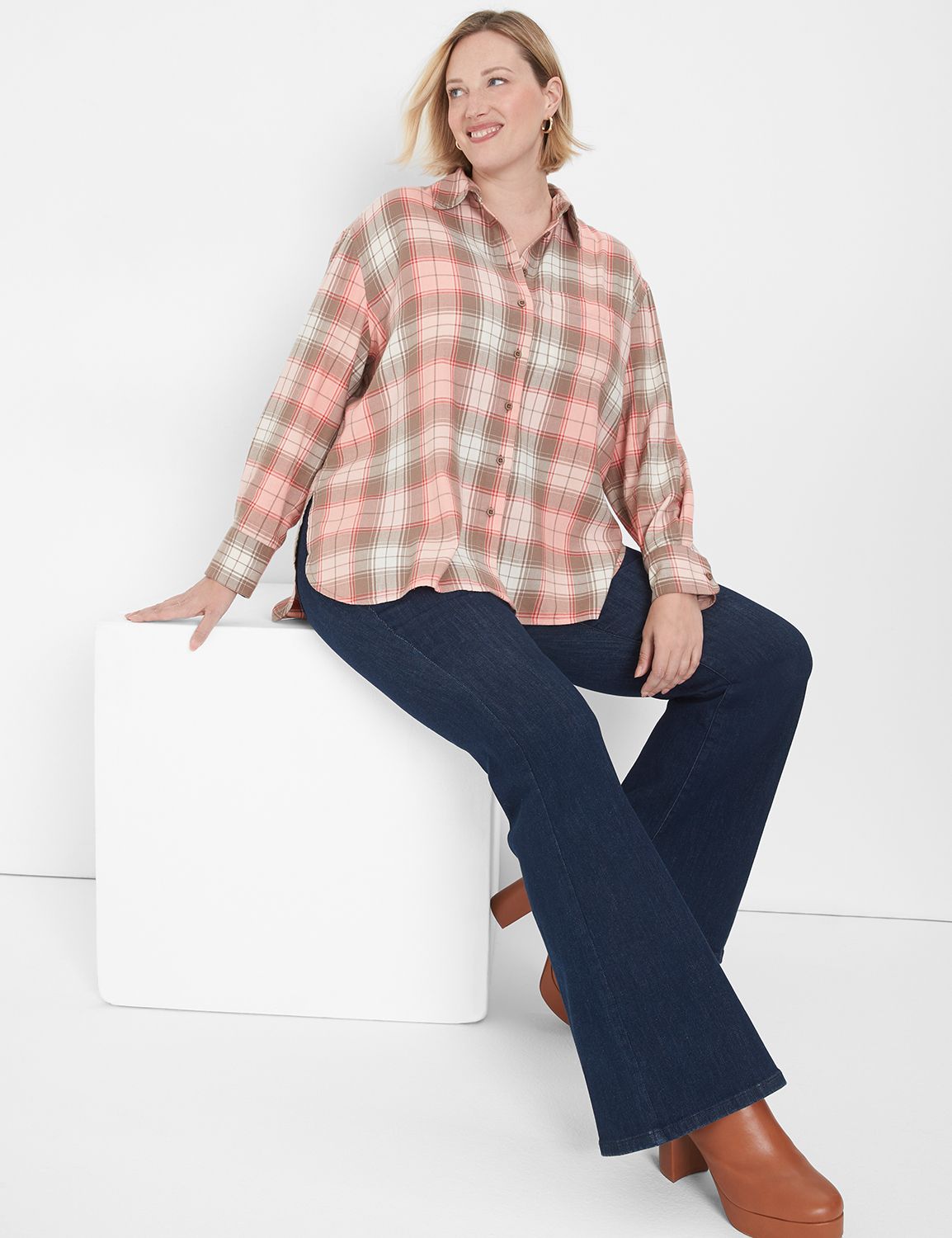 Long-Sleeve Button-Down Plaid Flannel | LaneBryant